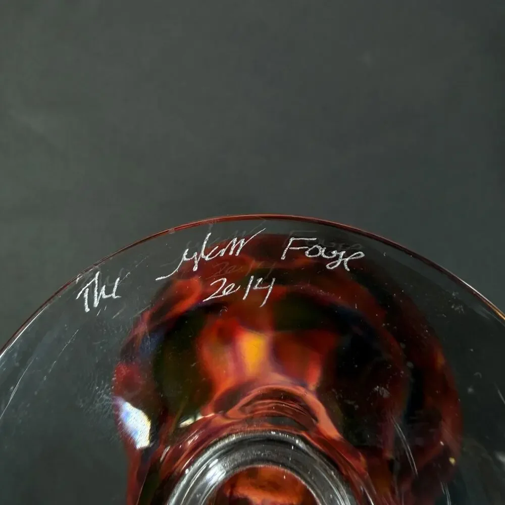 Lot of 2 Crystal Glass Wine Goblets Red Orange Swirl Signed studio art craft